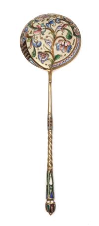 A Russian Silver-Gilt and Enamel Spoon, Mark of Konstantin Skortisov, Moscow, early 20th century, having a green and purple enameled fi