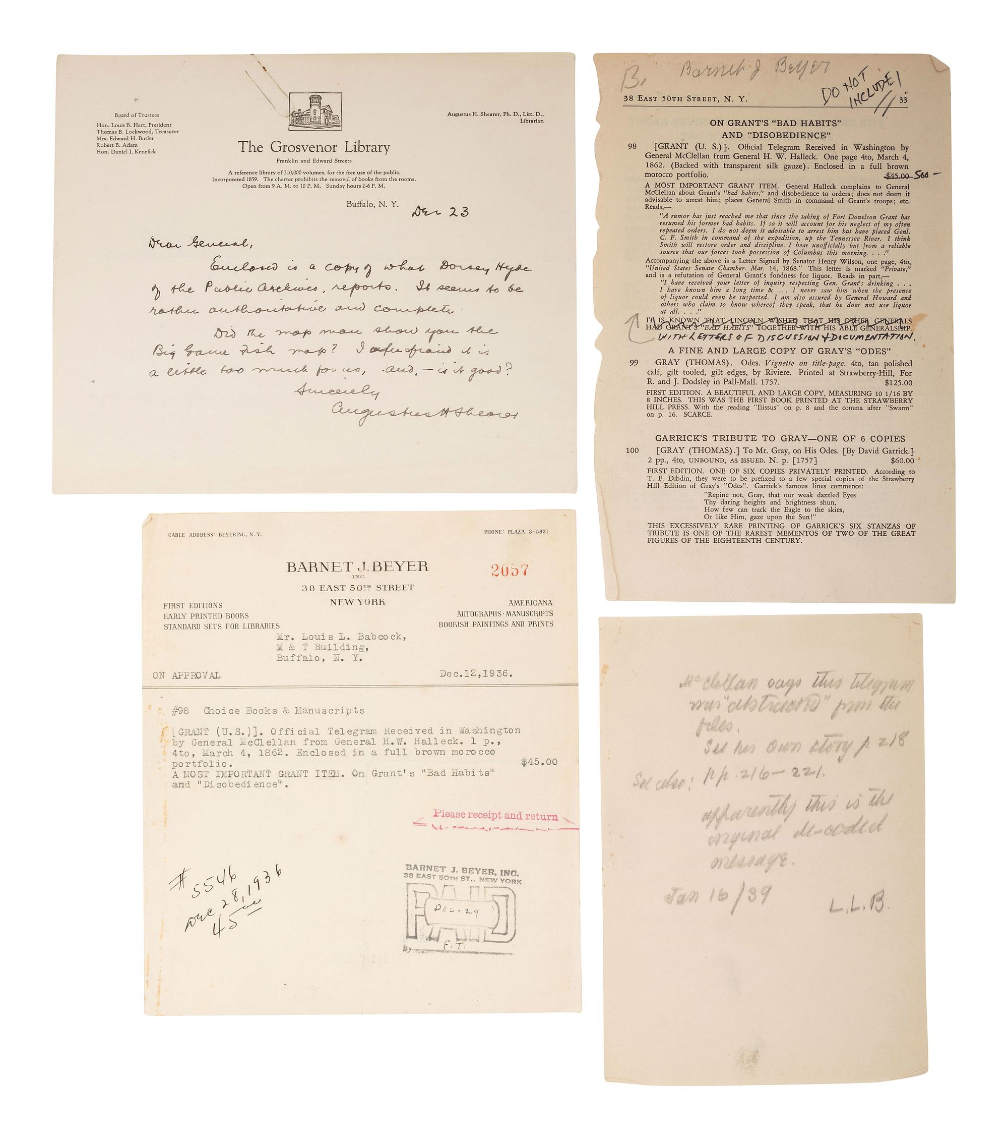 [CIVIL WAR]. Two documents related to rumors of General Grant's drinking to excess.