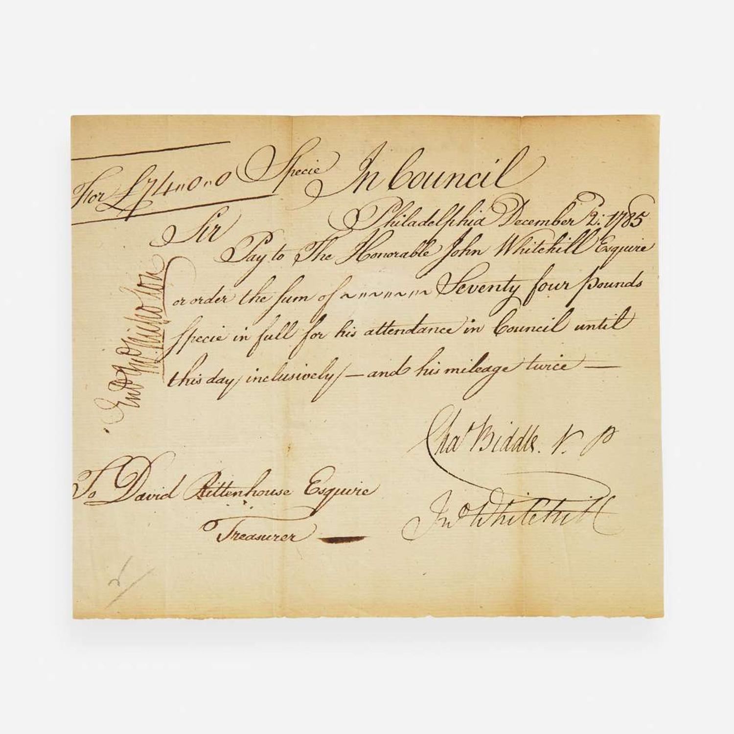 [Americana] Biddle, Charles, and David Rittenhouse Manuscript Document, signed