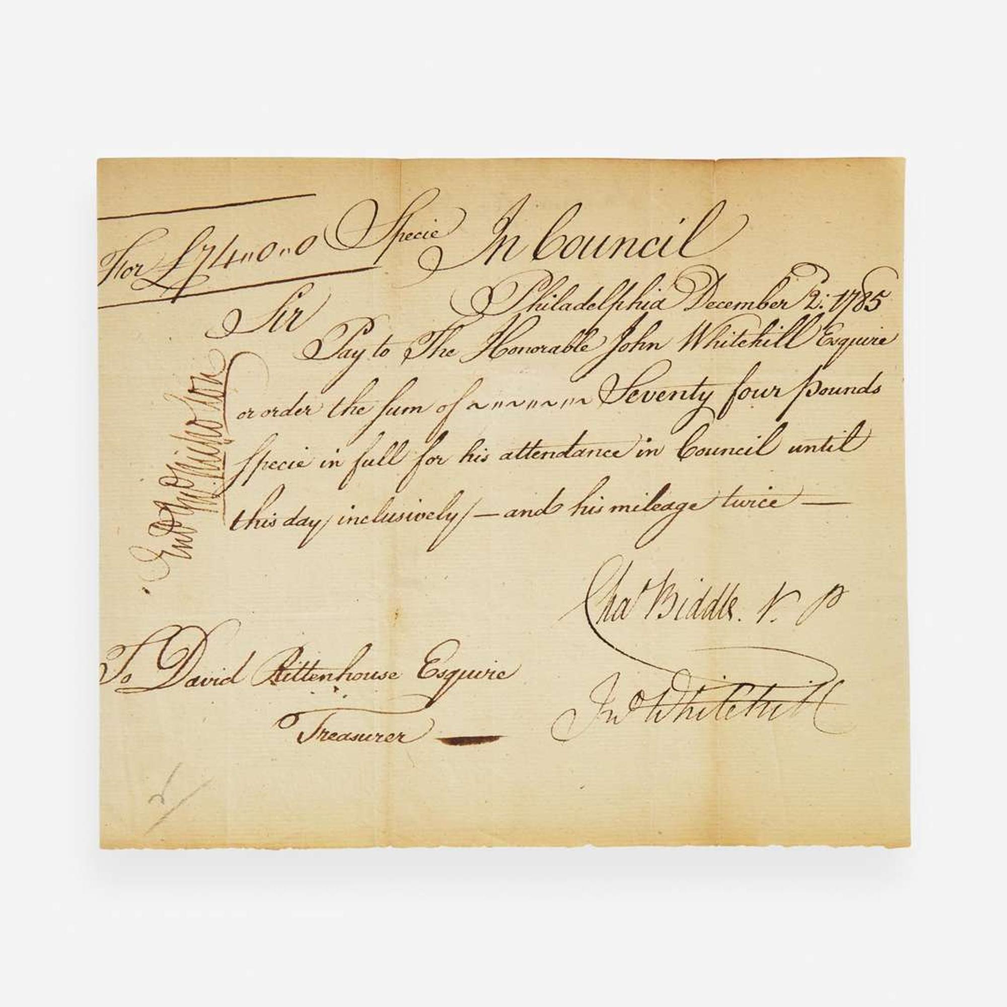 [Americana] Biddle, Charles, and David Rittenhouse Manuscript Document, signed