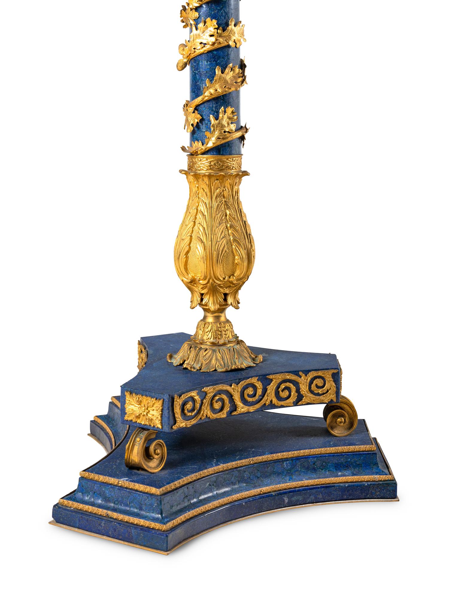 A Pair of Empire Style Gilt Bronze Mounted Lapis Lazuli Pedestals