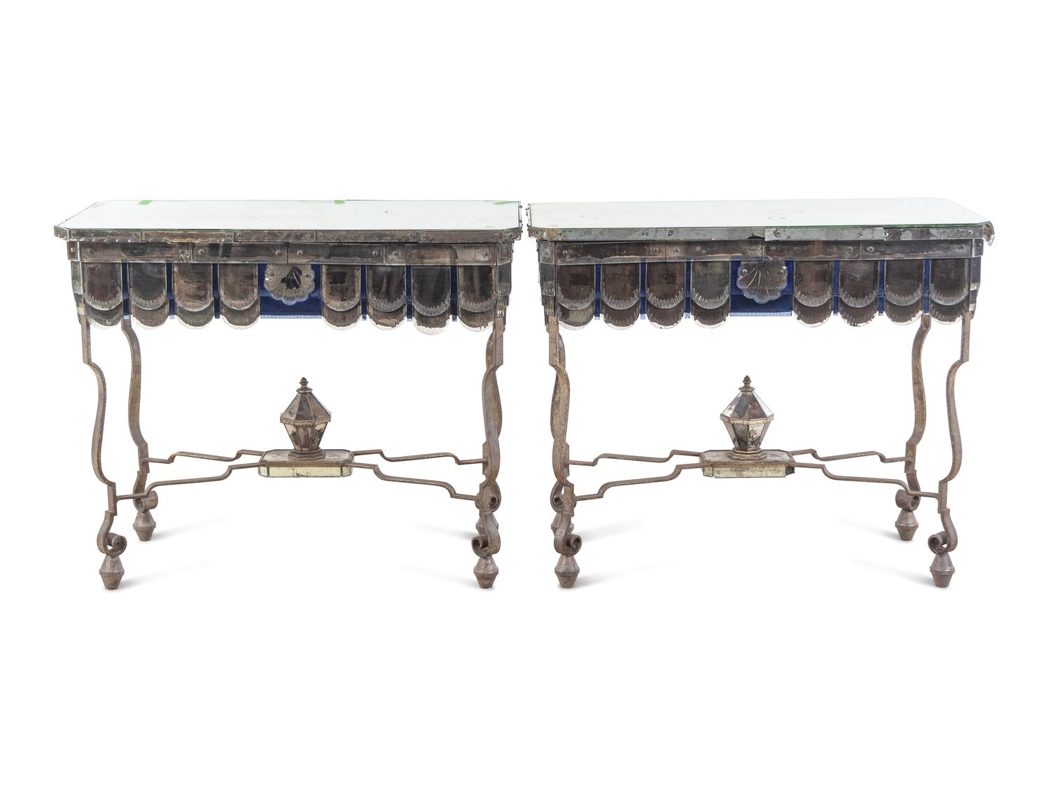 A Pair of French Steel and Mirrored Console Tables