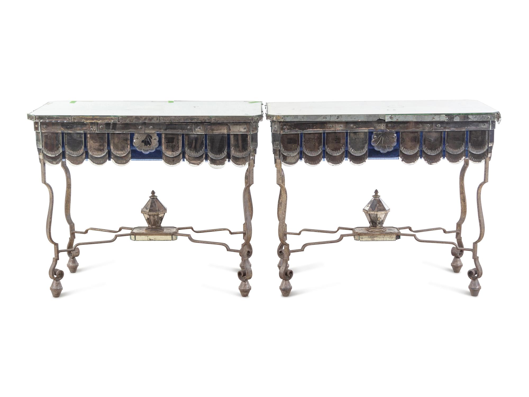 A Pair of French Steel and Mirrored Console Tables
