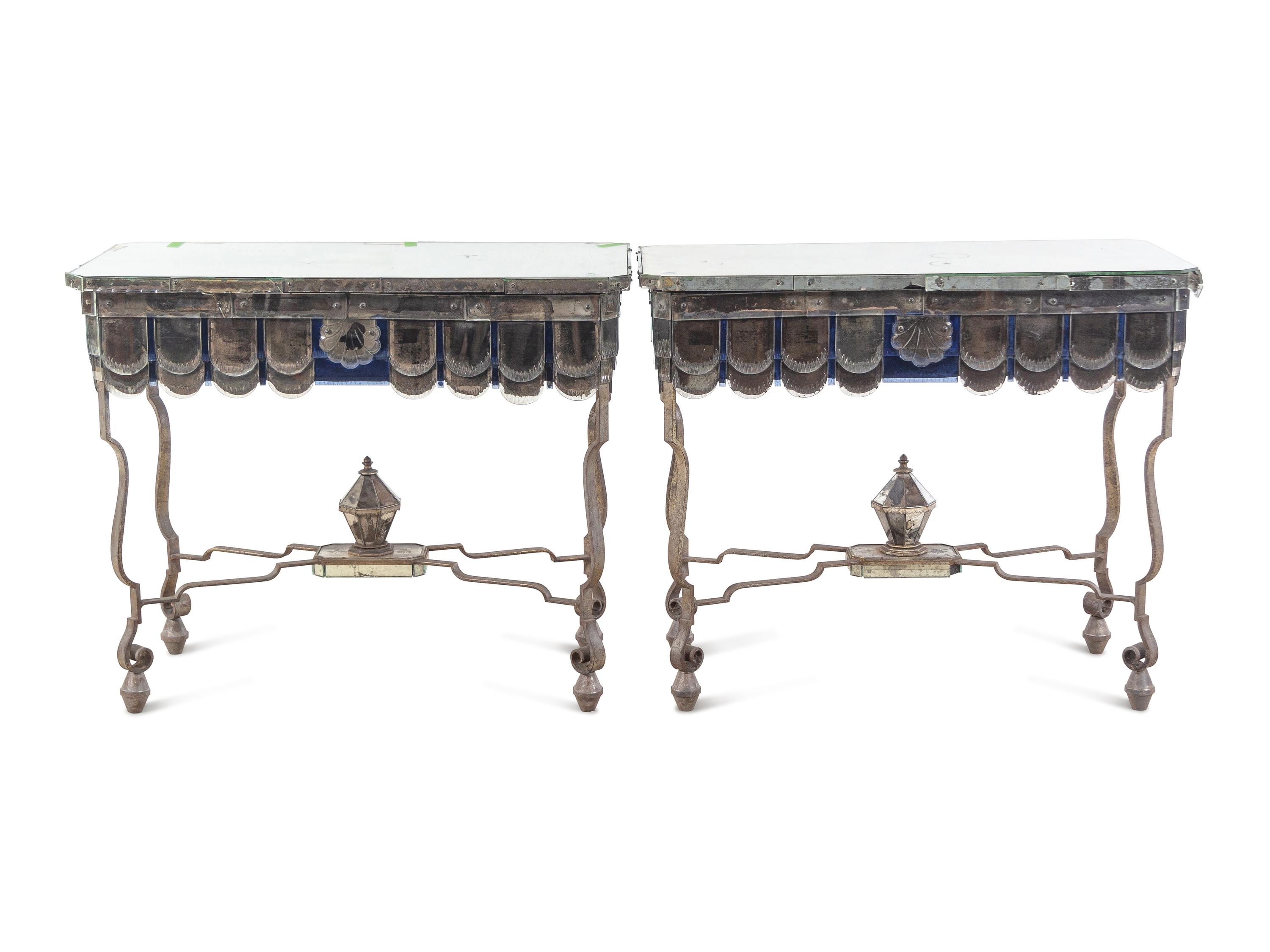 A Pair of French Steel and Mirrored Console Tables