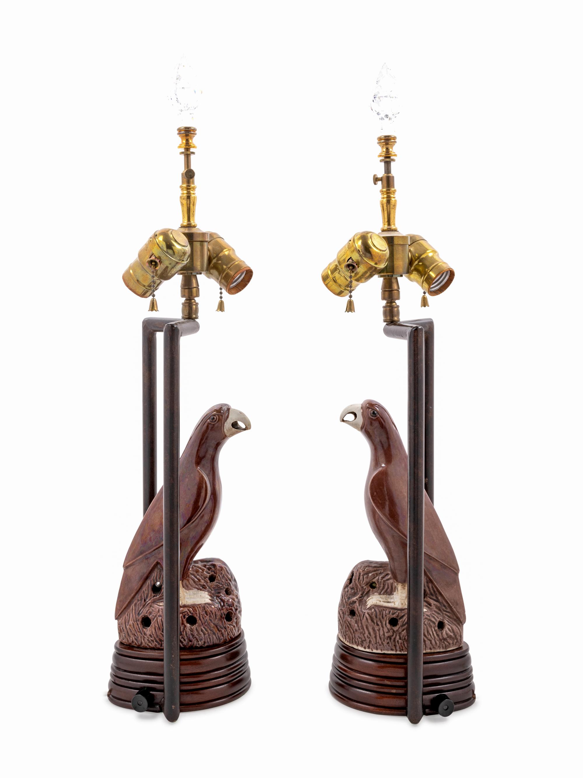 A Pair of Chinese Porcelain Parrots Mounted as Lamps