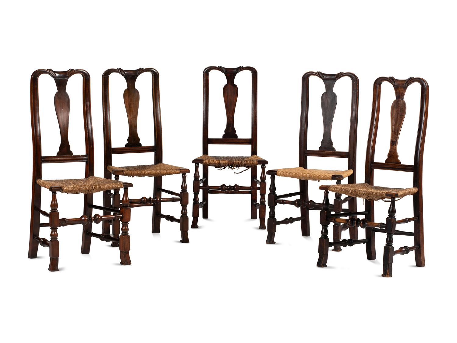 A Matched Set of Five Queen Anne Transitional Rush-Seat Spanish-Foot Side Chairs
