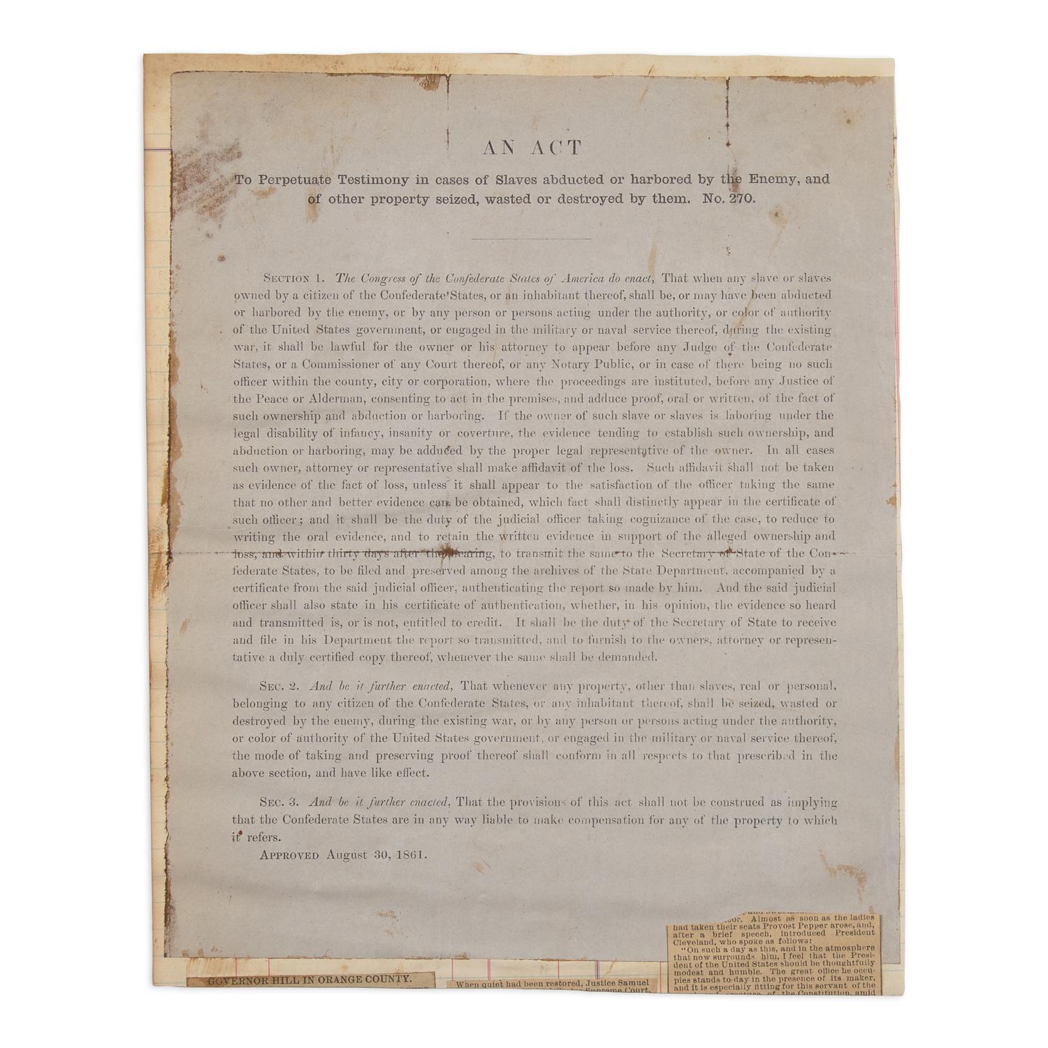 [African-Americana] Broadside of a Confederate Congressional Act Relating to Slaves and Other Property Confiscated by the Union Army