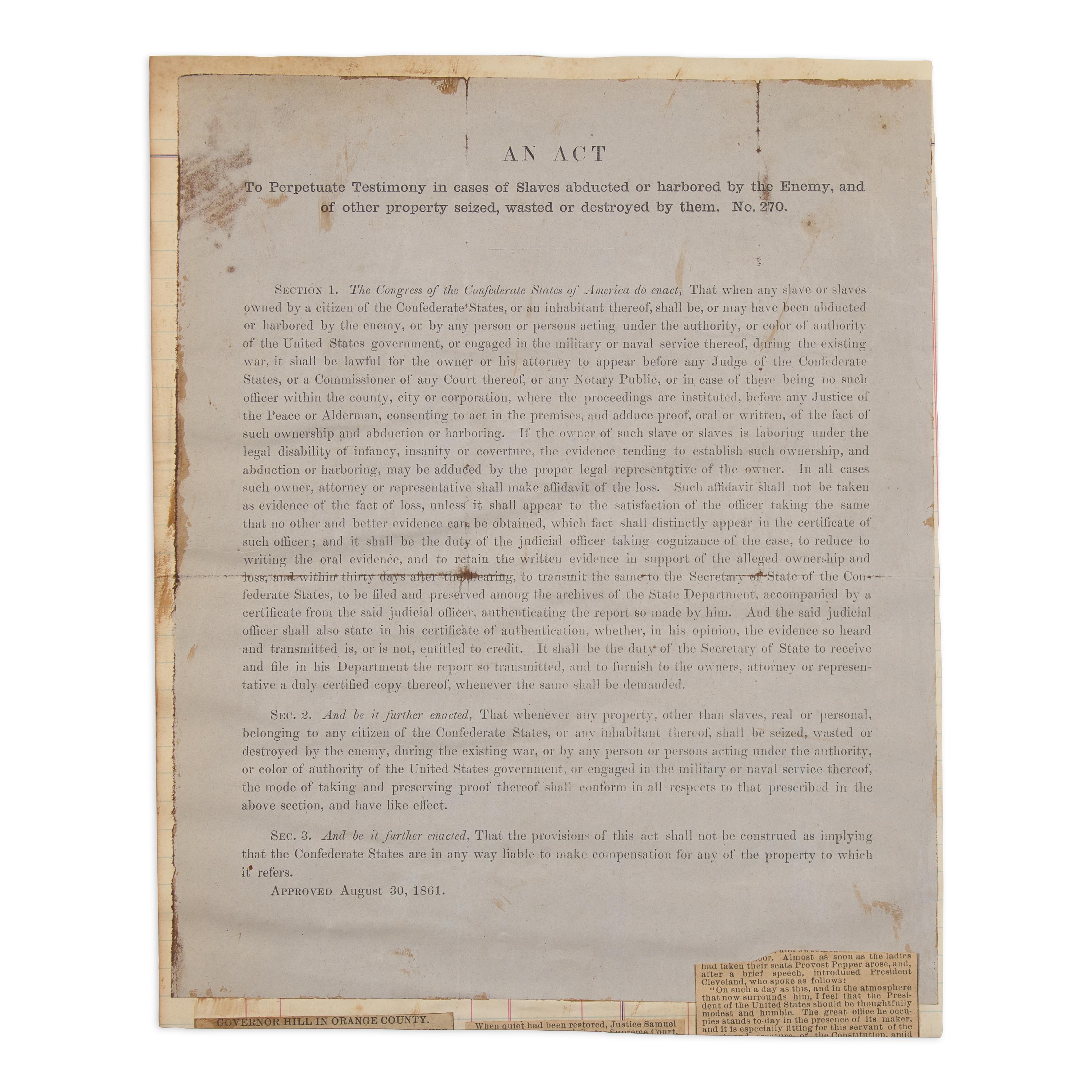 [African-Americana] Broadside of a Confederate Congressional Act Relating to Slaves and Other Property Confiscated by the Union Army