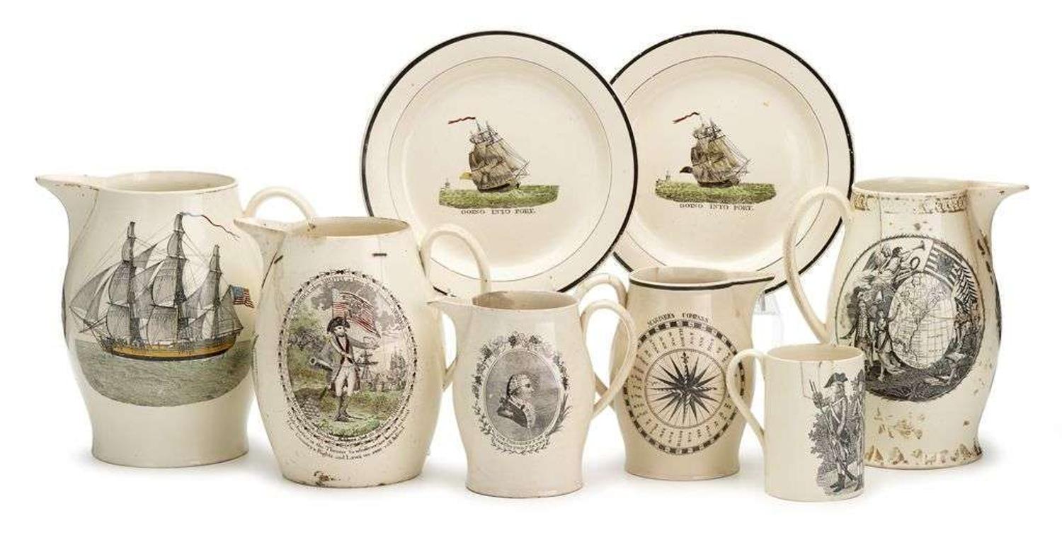 Five transfer-printed Liverpool creamware items early 19th century