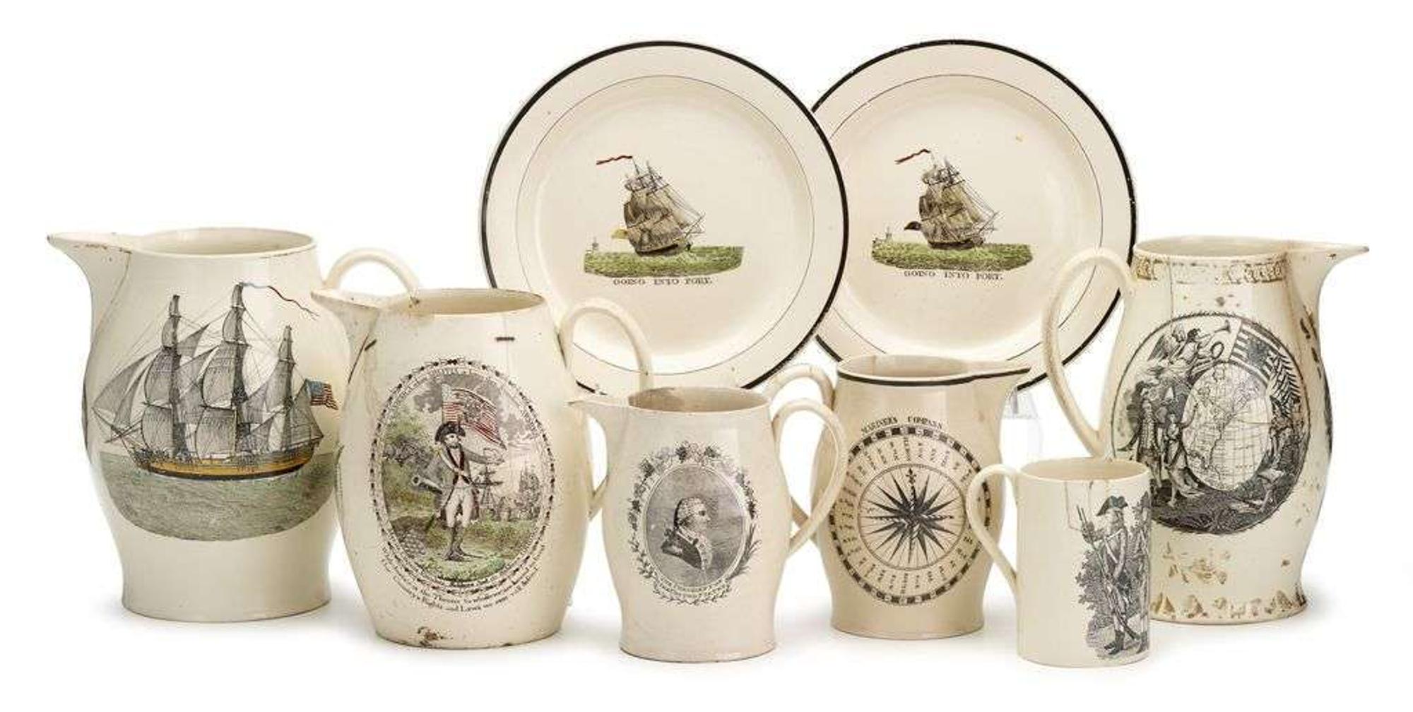 Five transfer-printed Liverpool creamware items early 19th century