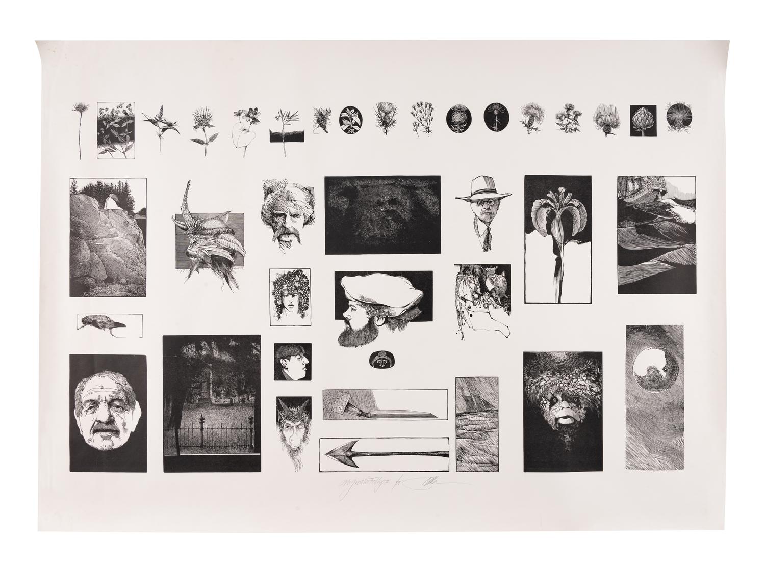 MOSER, Barry. McGrath’s Folly. 2 sheets containing composites of numerous wood engravings by Moser printed by Harold McGrath from various works. Each 640 x 892 mm. Signed by Moser and inscribed “McGrath’s Folly,” and “McGraths Folly II,” each numbered 1/5 copies.