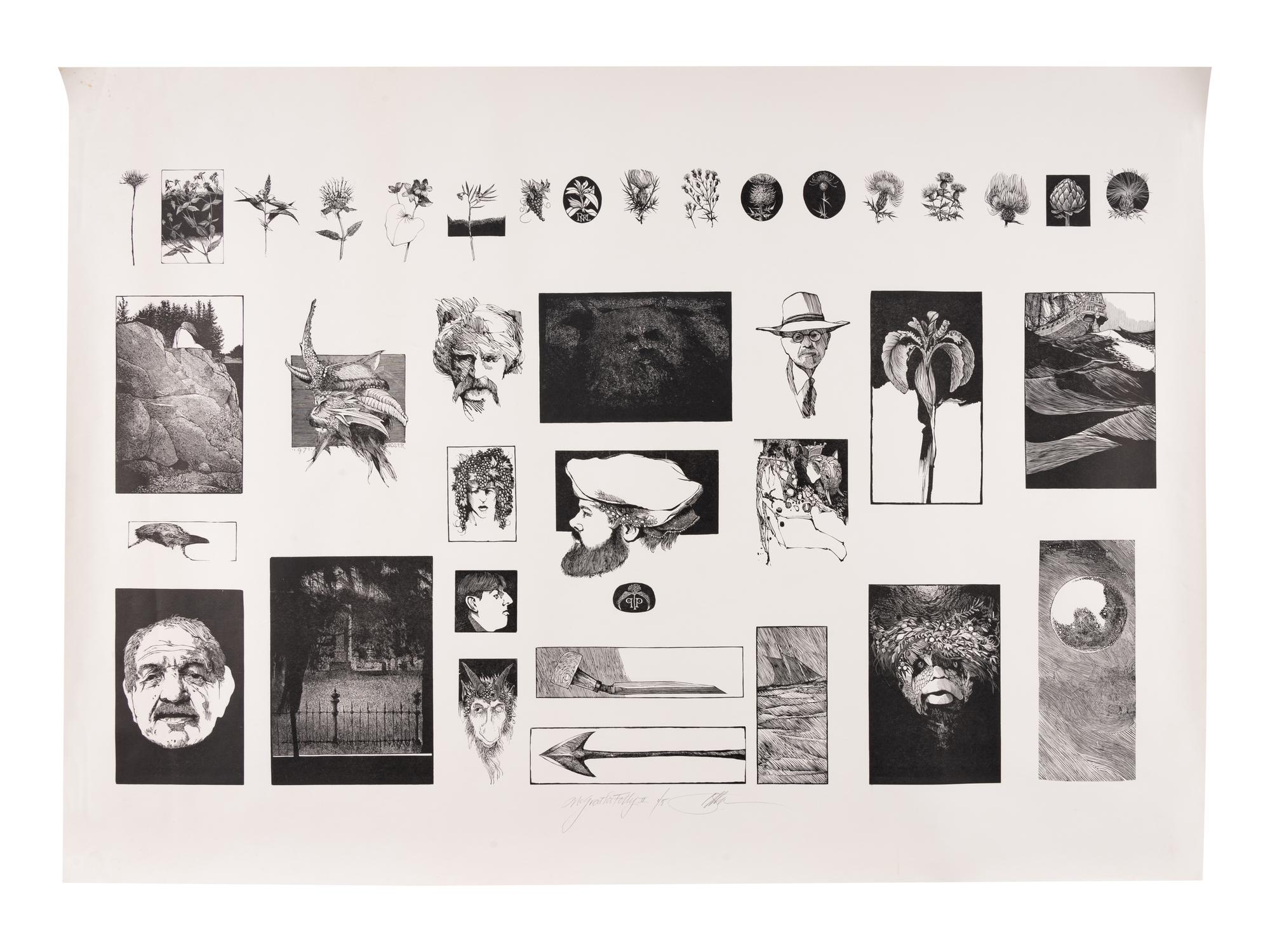 MOSER, Barry. McGrath’s Folly. 2 sheets containing composites of numerous wood engravings by Moser printed by Harold McGrath from various works. Each 640 x 892 mm. Signed by Moser and inscribed “McGrath’s Folly,” and “McGraths Folly II,” each numbered 1/5 copies.