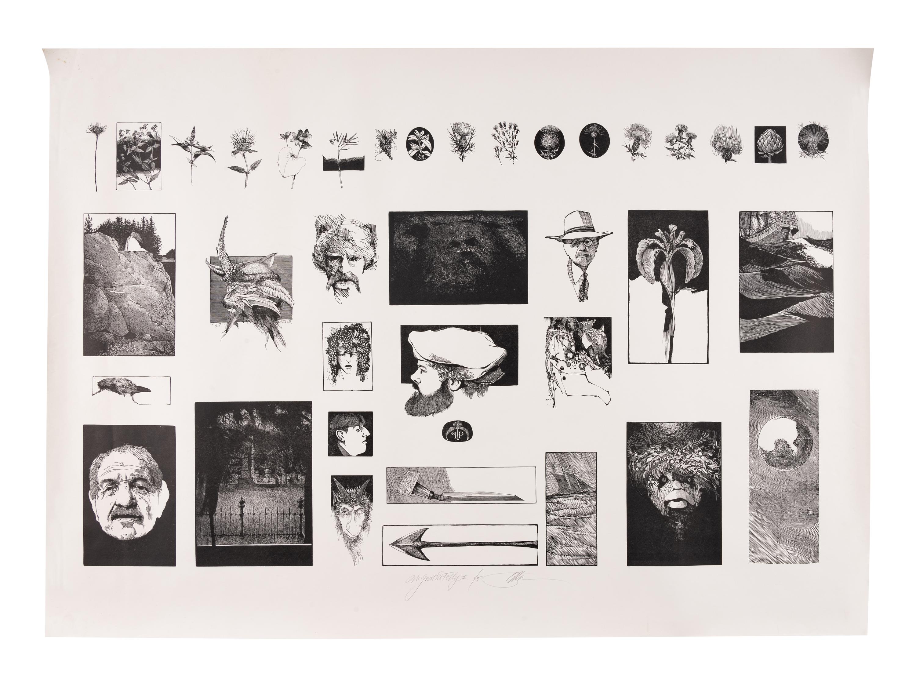 MOSER, Barry. McGrath’s Folly. 2 sheets containing composites of numerous wood engravings by Moser printed by Harold McGrath from various works. Each 640 x 892 mm. Signed by Moser and inscribed “McGrath’s Folly,” and “McGraths Folly II,” each numbered 1/5 copies.