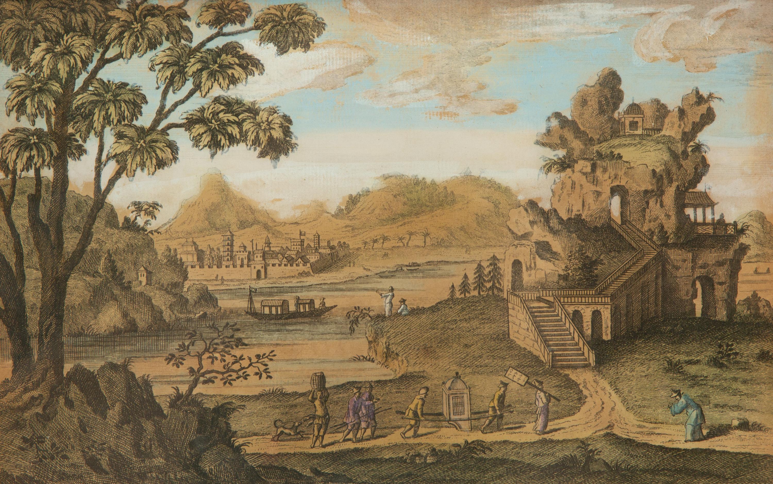 A Set of Five Colored Engravings of Views of China, After Augustin Heckel