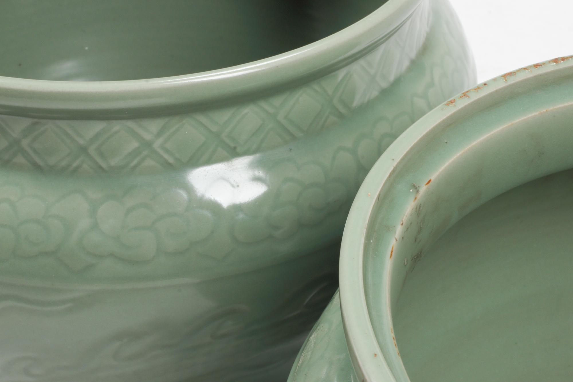 A Pair of Chinese Celadon Porcelain Jardinieres
