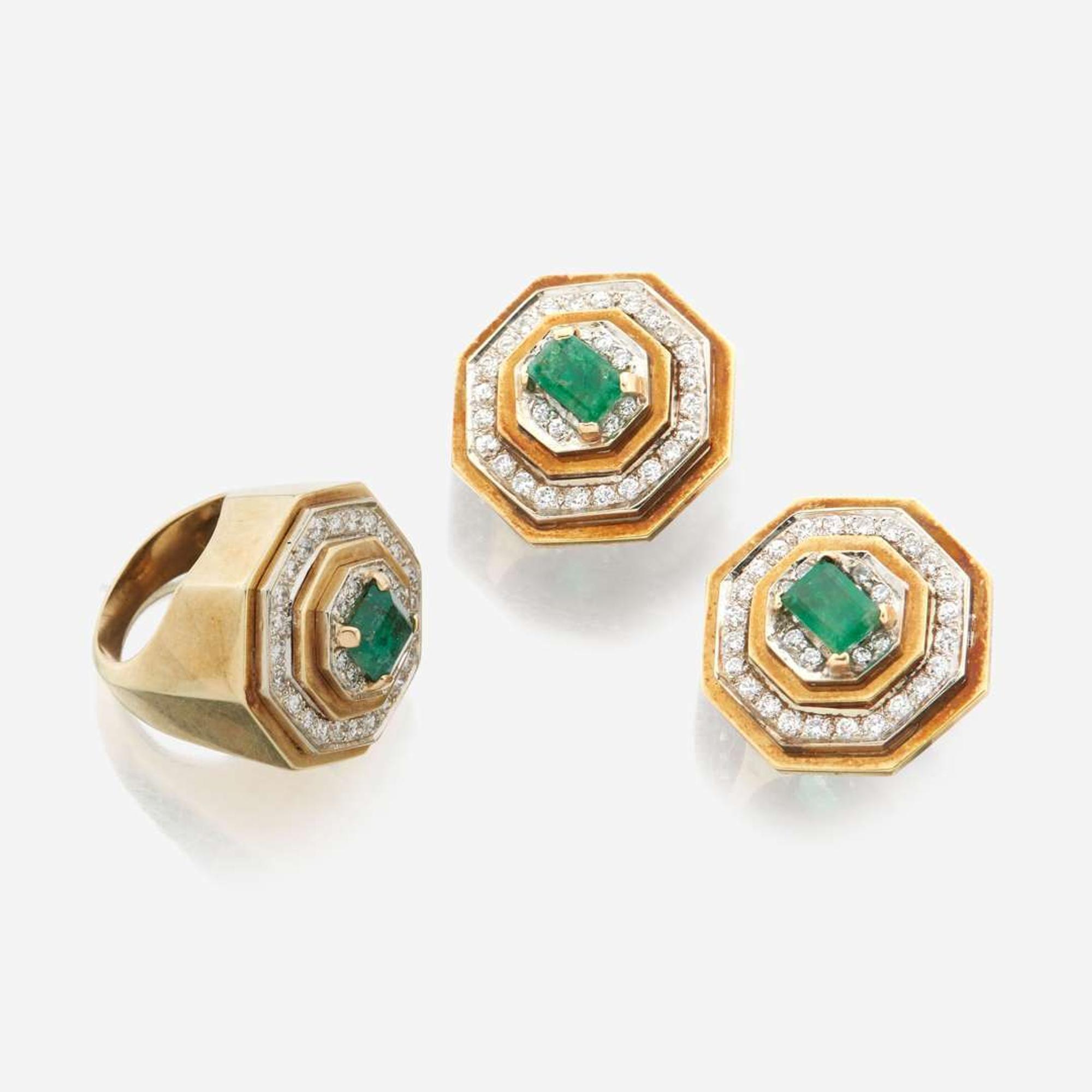 A pair of emerald, diamond, and gold earrings with matching ring