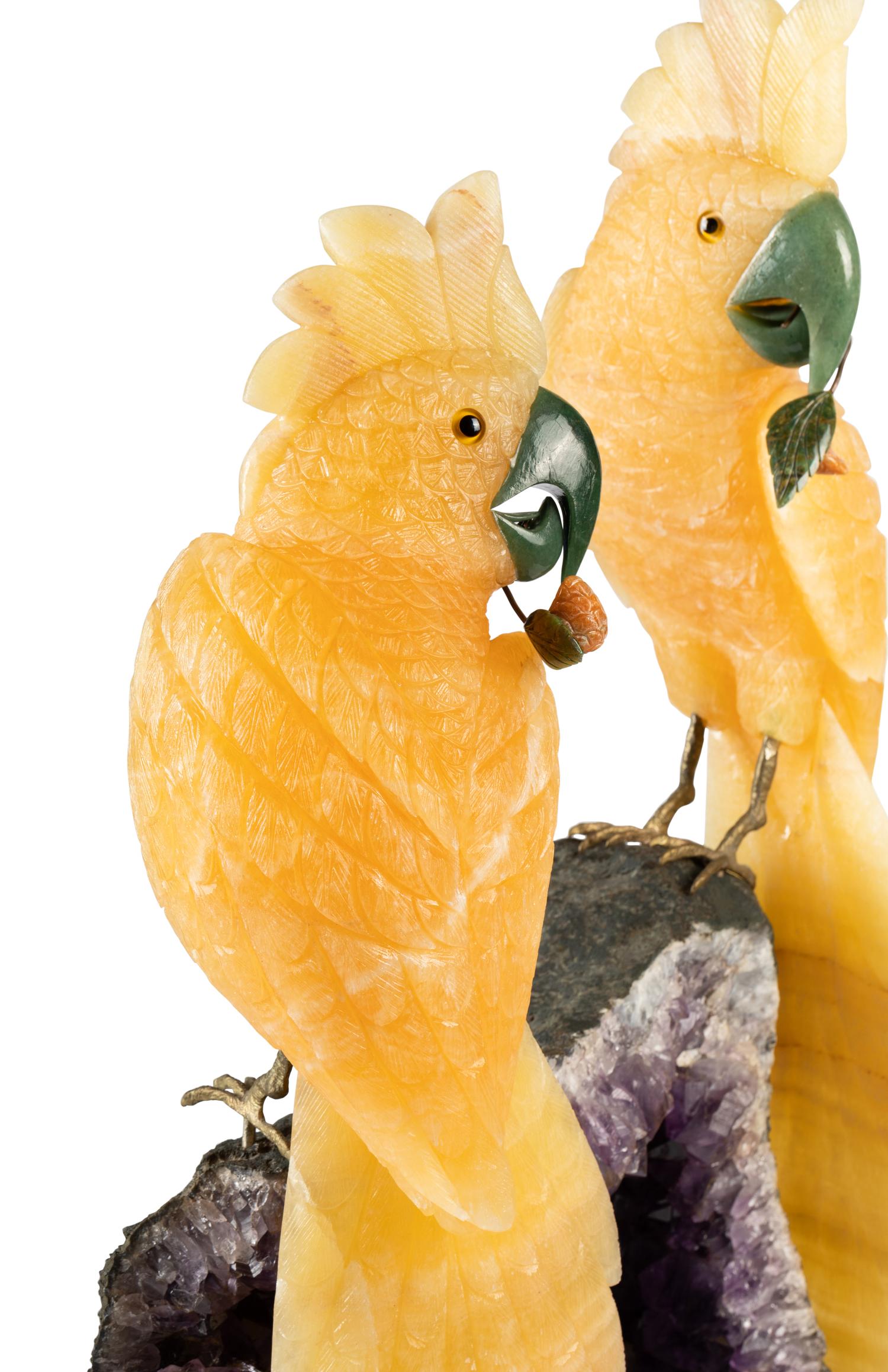 A Large Amethyst Geode with Carved Hardstone Parrots