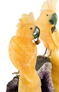 A Large Amethyst Geode with Carved Hardstone Parrots