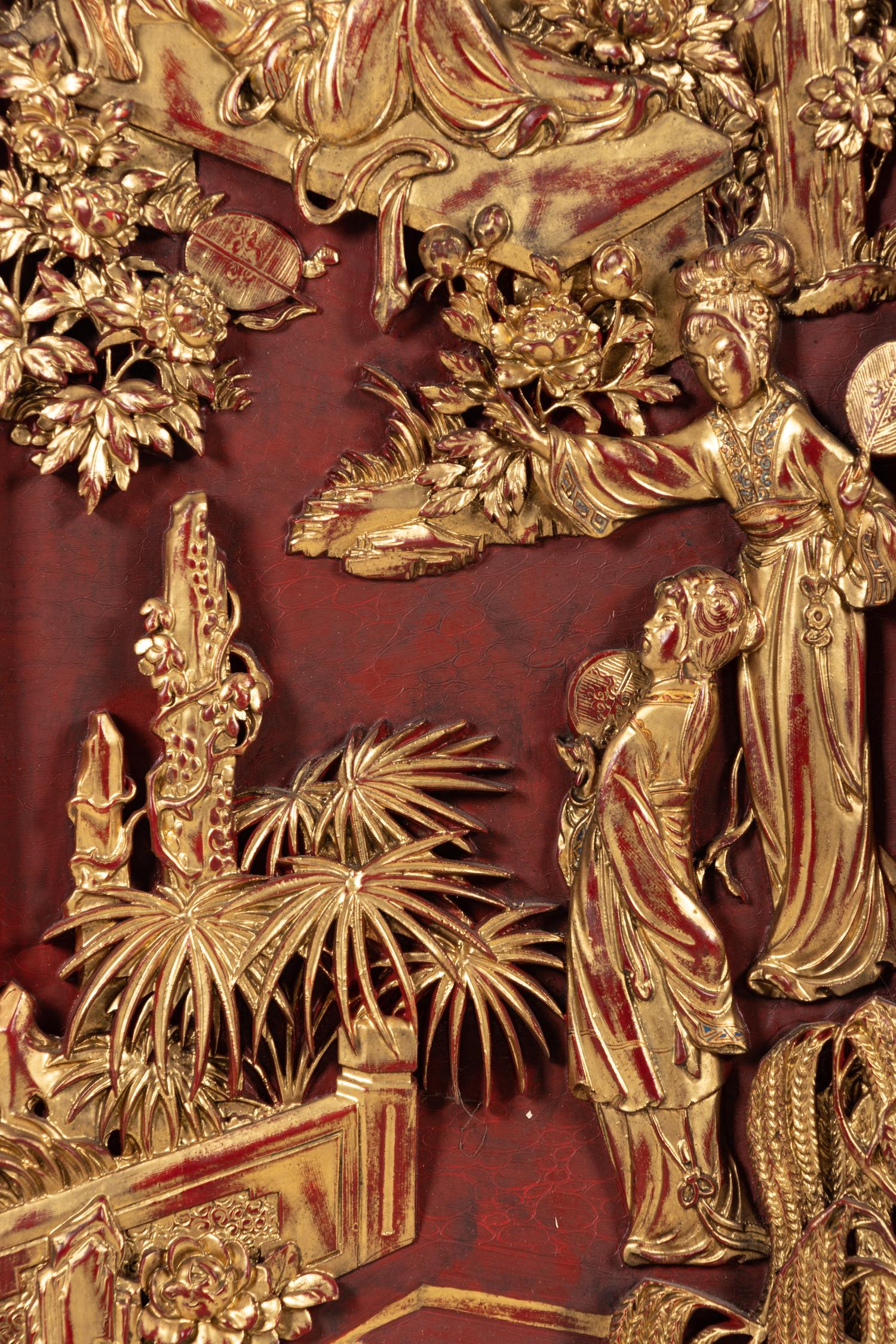 A Pair of Chinese Gilt and Red Lacquered Wood Panels