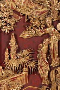 A Pair of Chinese Gilt and Red Lacquered Wood Panels