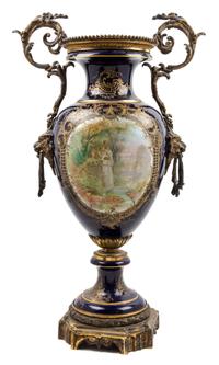 A Sevres Style Gilt Bronze Mounted Porcelain Urn Height 32 inches.