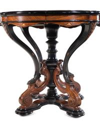 An Aesthetic Movement Parcel Ebonized Burl Walnut Marble-Top Center Table