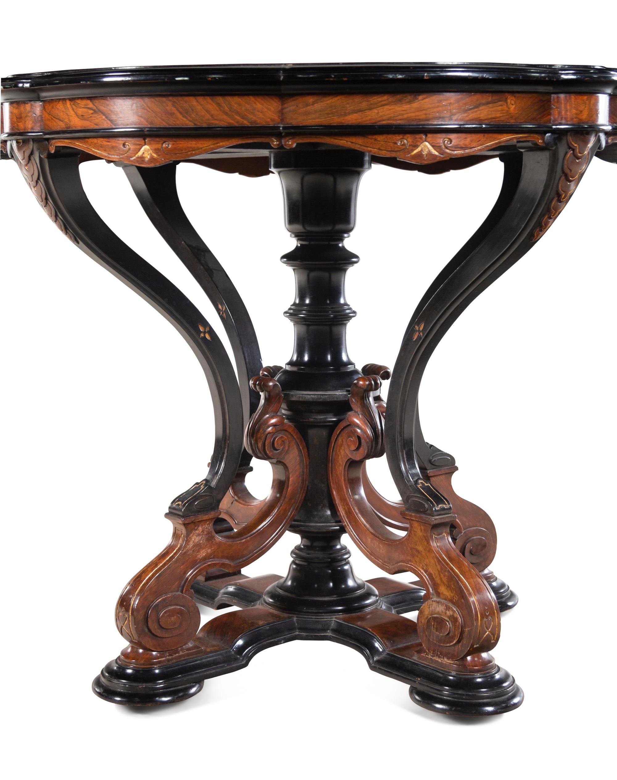 An Aesthetic Movement Parcel Ebonized Burl Walnut Marble-Top Center Table
