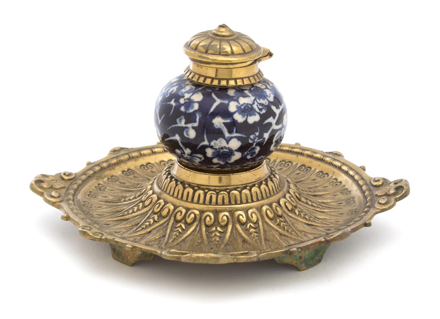 A Gilt Metal Mounted Blue and White Porcelain Ink Well Height 4 1/4 inches.