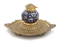 A Gilt Metal Mounted Blue and White Porcelain Ink Well Height 4 1/4 inches.