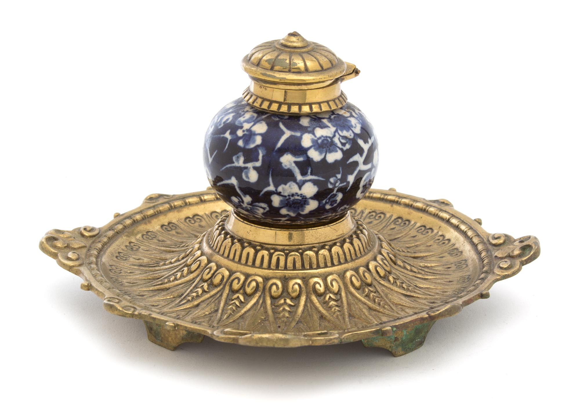 A Gilt Metal Mounted Blue and White Porcelain Ink Well Height 4 1/4 inches.