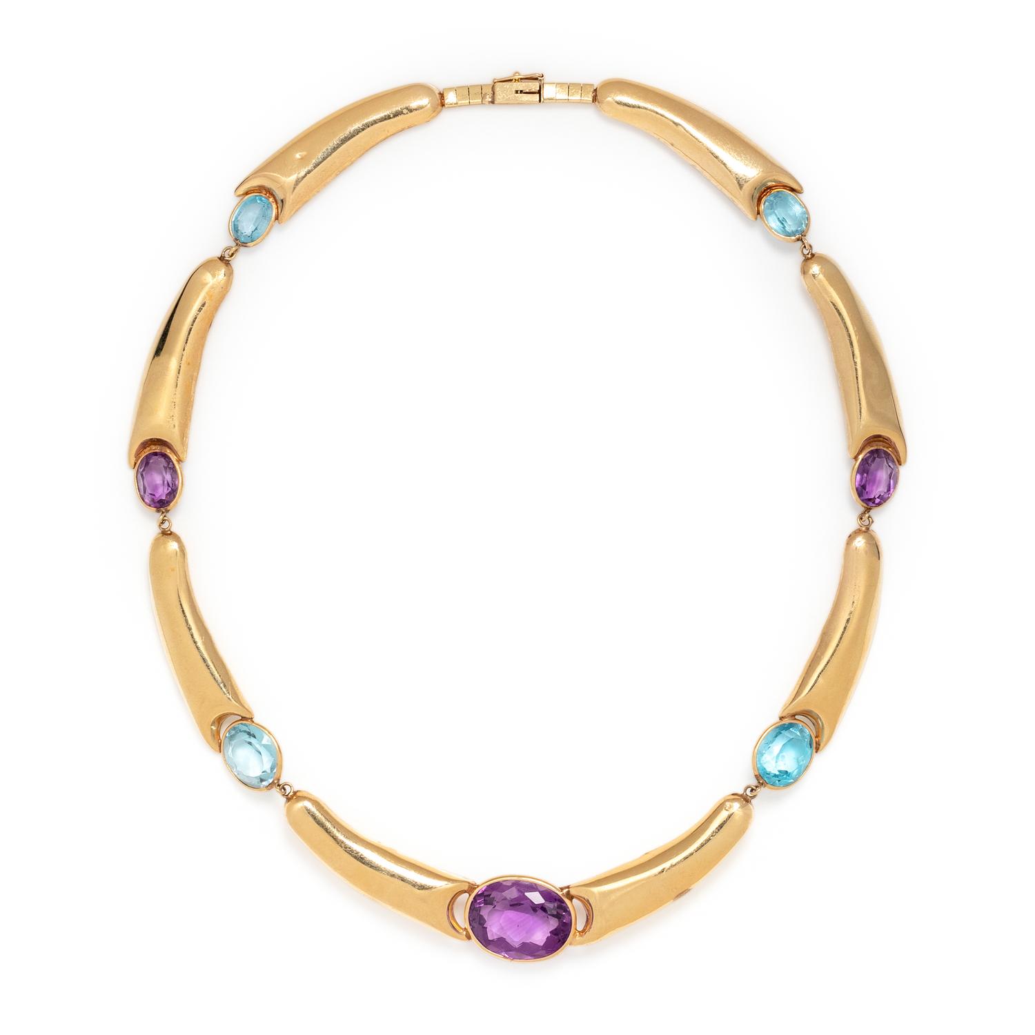YELLOW GOLD, AMETHYST AND BLUE TOPAZ NECKLACE