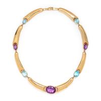 YELLOW GOLD, AMETHYST AND BLUE TOPAZ NECKLACE