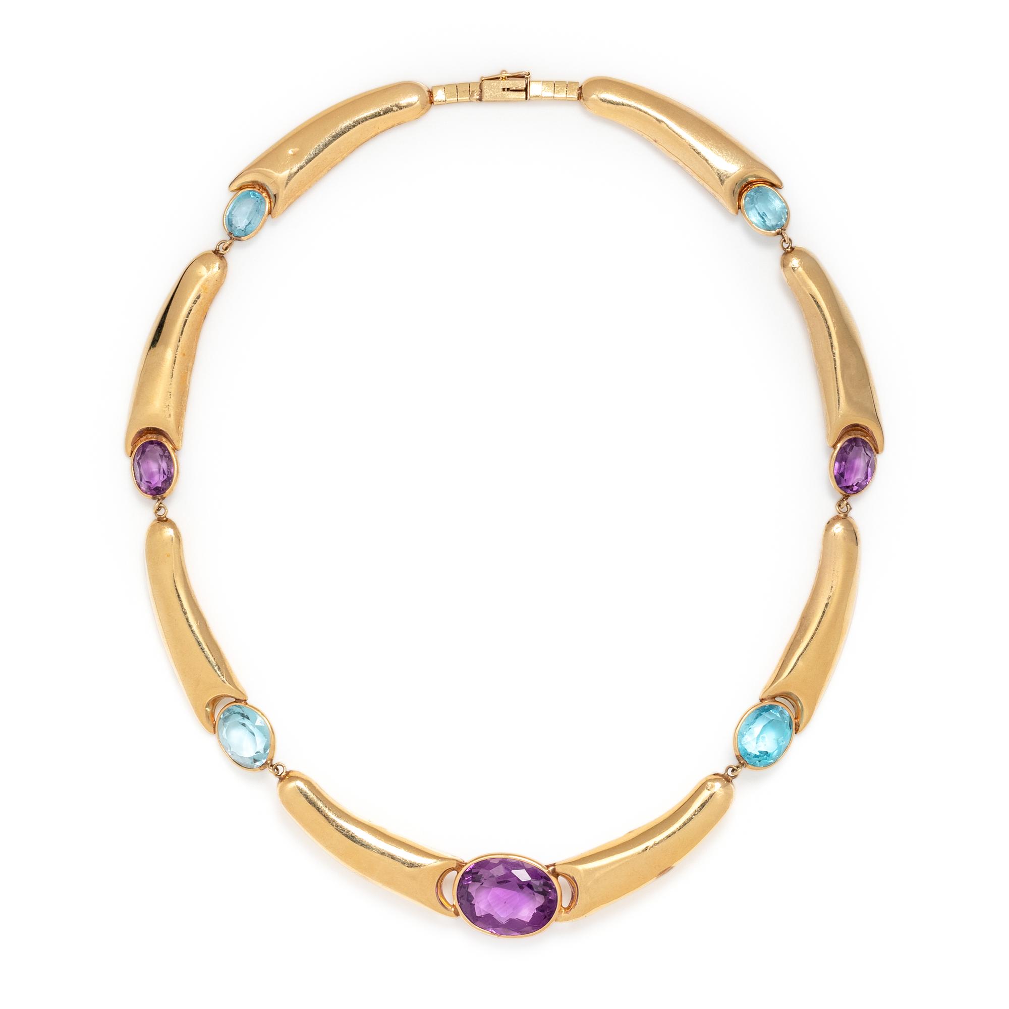 YELLOW GOLD, AMETHYST AND BLUE TOPAZ NECKLACE