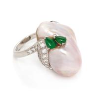 A Platinum, Cultured Baroque Pearl, Jade and Diamond Ring, 13.50 dwts.