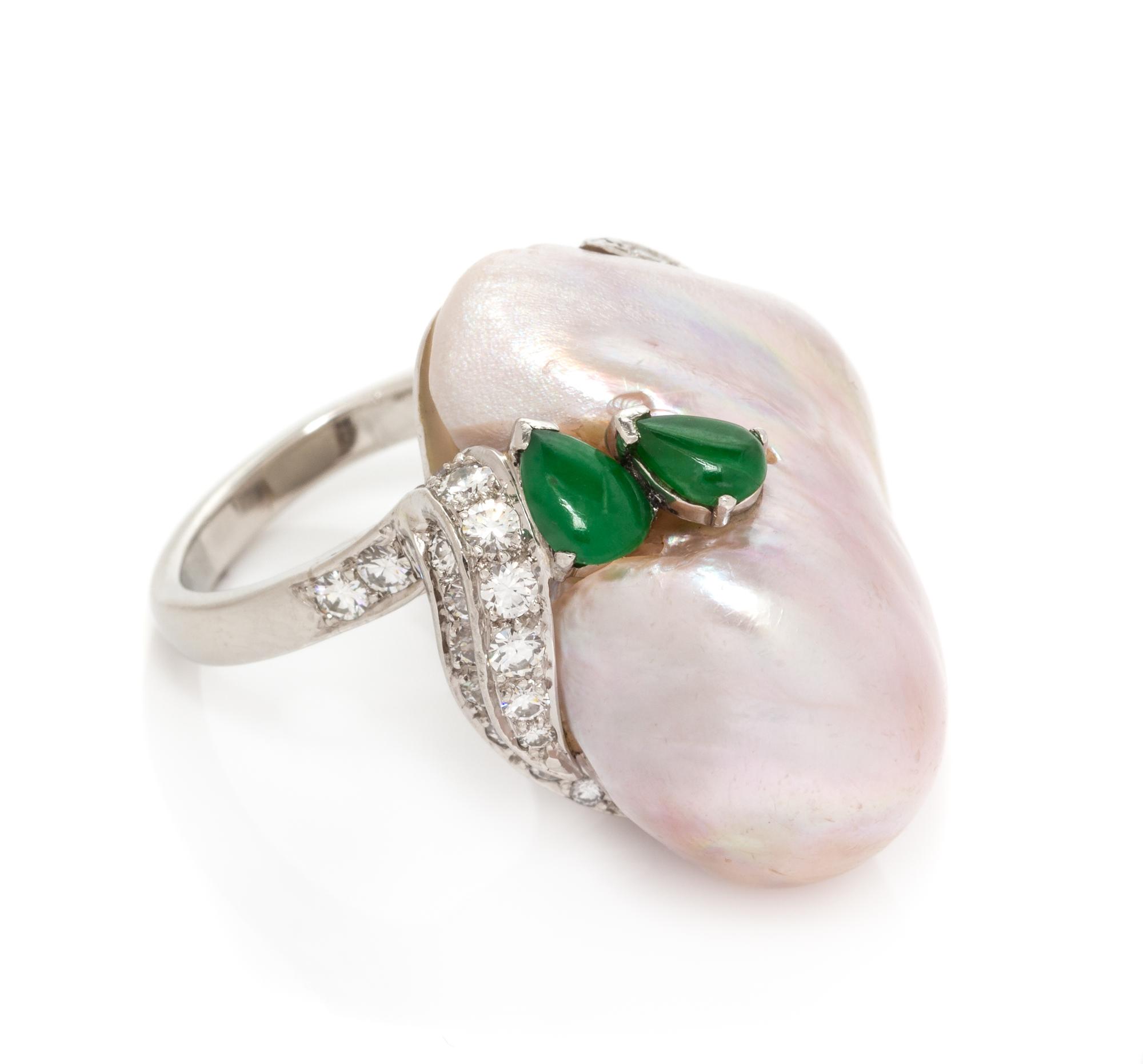 A Platinum, Cultured Baroque Pearl, Jade and Diamond Ring, 13.50 dwts.