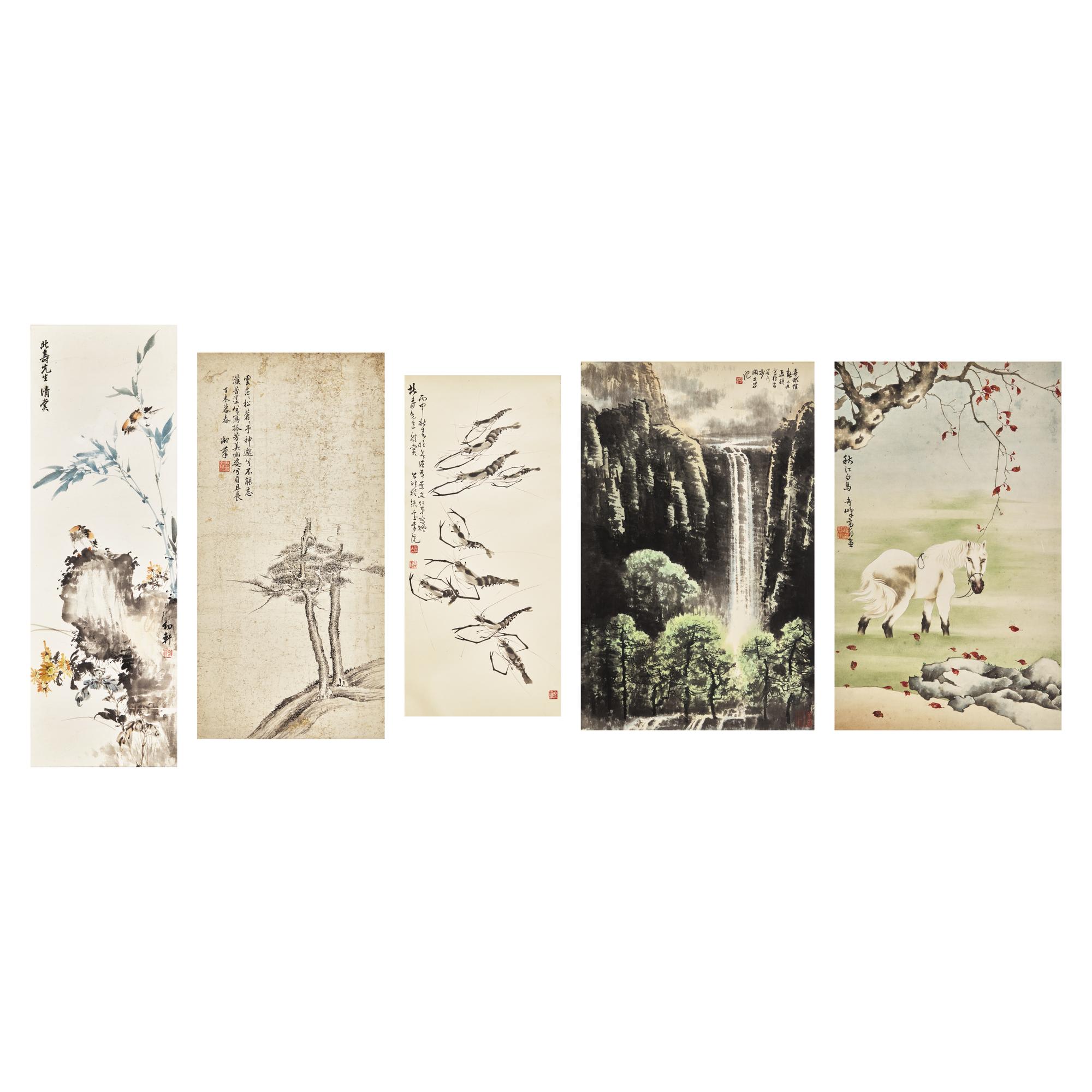 Five Chinese Hanging Scroll Paintings and Four Calligraphy Dedicated to Huang Beishou (1913-2000) — 黃北壽舊藏書畫一組九件