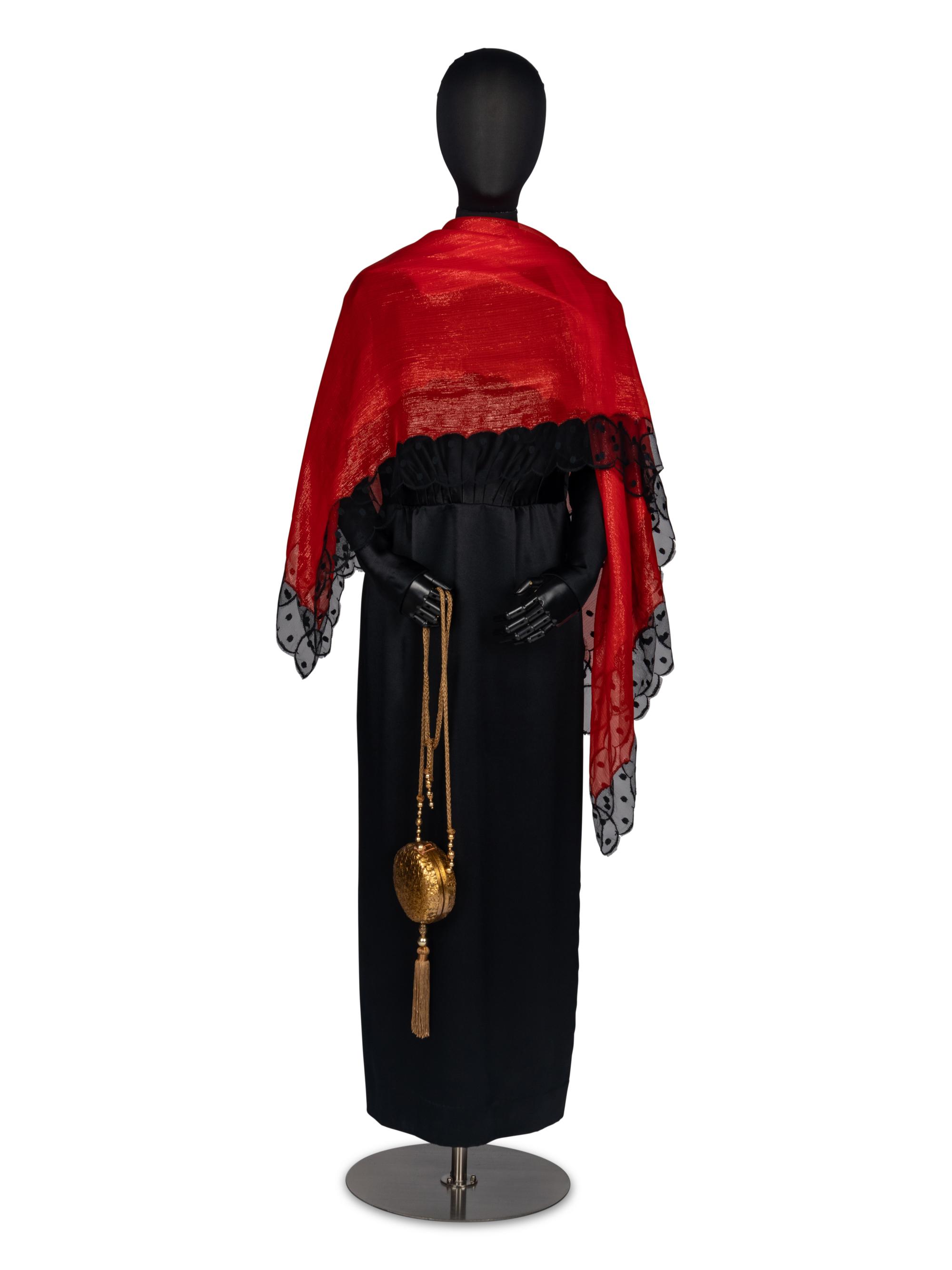 Geoffrey Beene Black Satin Gown with Scarf and Evening Bag
