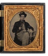 [CIVIL WAR]. Sixth plate tintype of a Union soldier, likely western theater, smoking with a unique smoking apparatus.