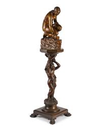 A Carved Wood Sculpture and a Venetian Style Carved Walnut Pedestal
