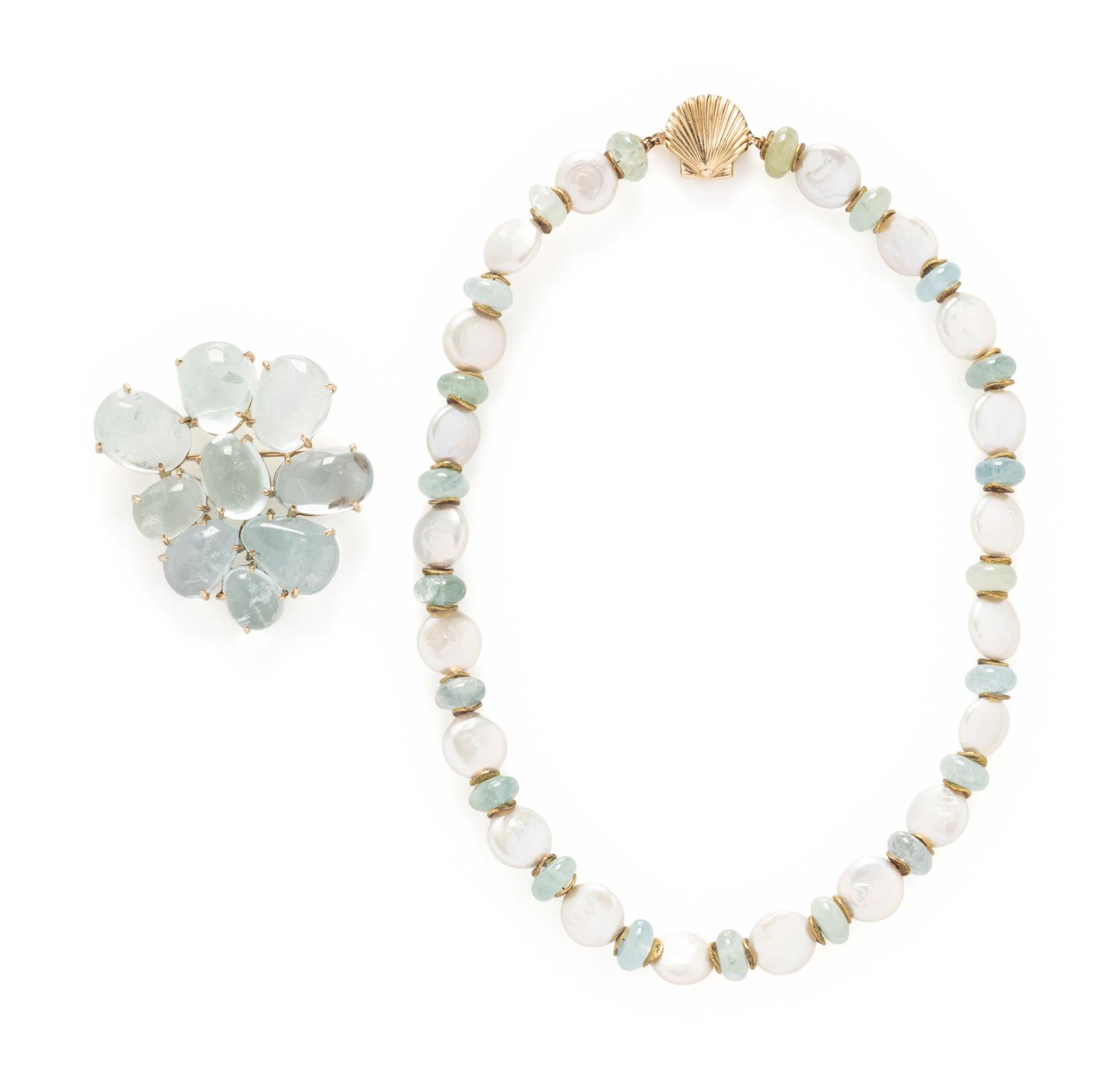 COLLECTION OF AQUAMARINE AND CULTURED PEARL JEWELRY
