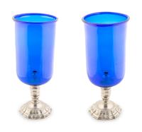 A Pair of Cobalt Glass and Silvered Metal Base Hurricane Lamps — 19TH/20TH CENTURY