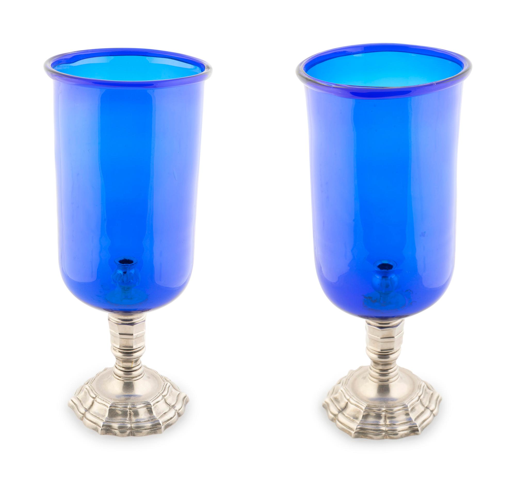 A Pair of Cobalt Glass and Silvered Metal Base Hurricane Lamps — 19TH/20TH CENTURY