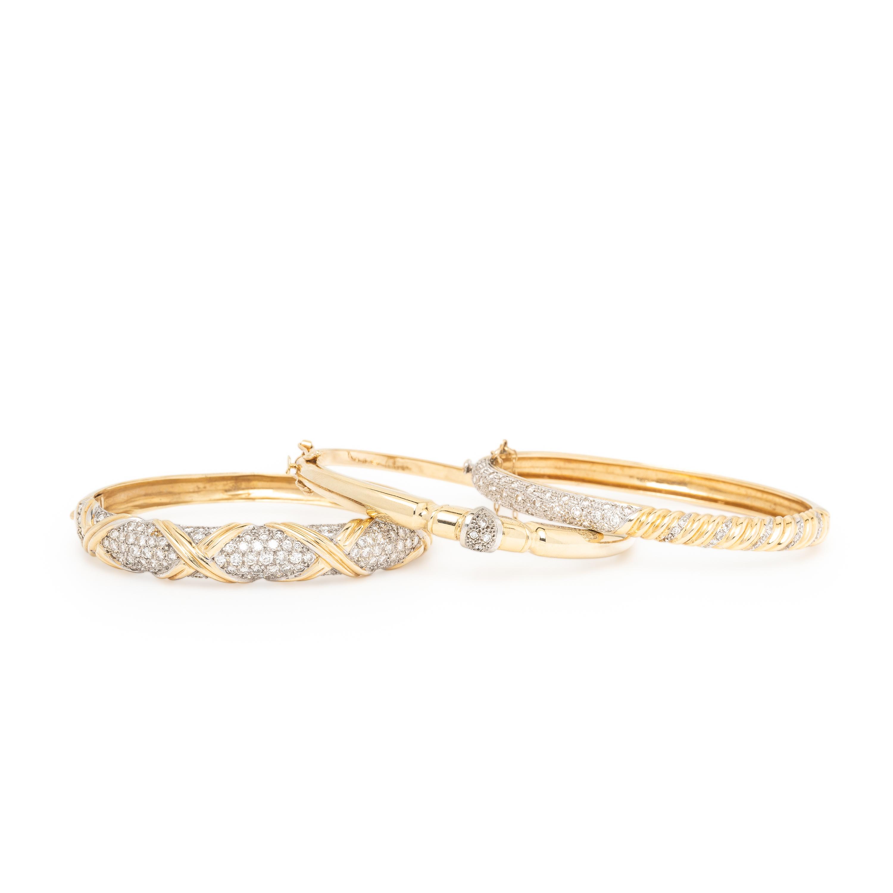 Three Yellow Gold and Diamond Bangle Bracelets