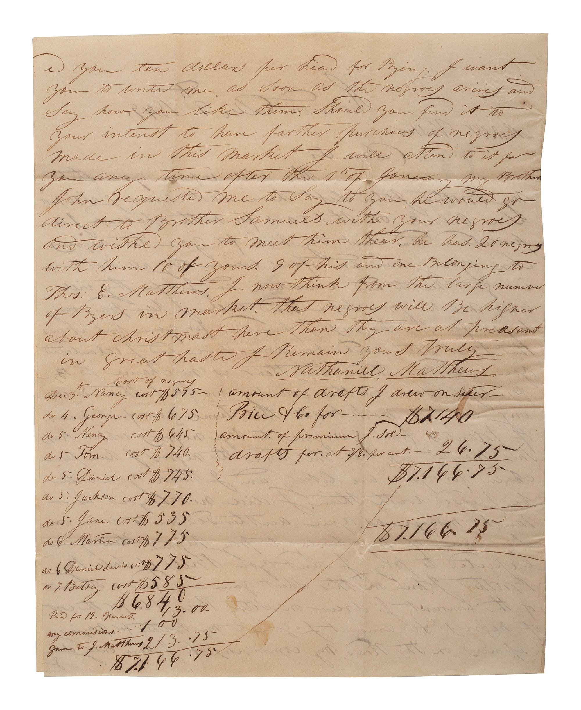 [SLAVERY & ABOLITION]. MATTHEWS, Nathaniel. Autograph letter signed ("Nathaniel Matthews"), to R.W. Vasser, with details of 10 enslaved individuals. Richmond, VA, 9 December 1849.