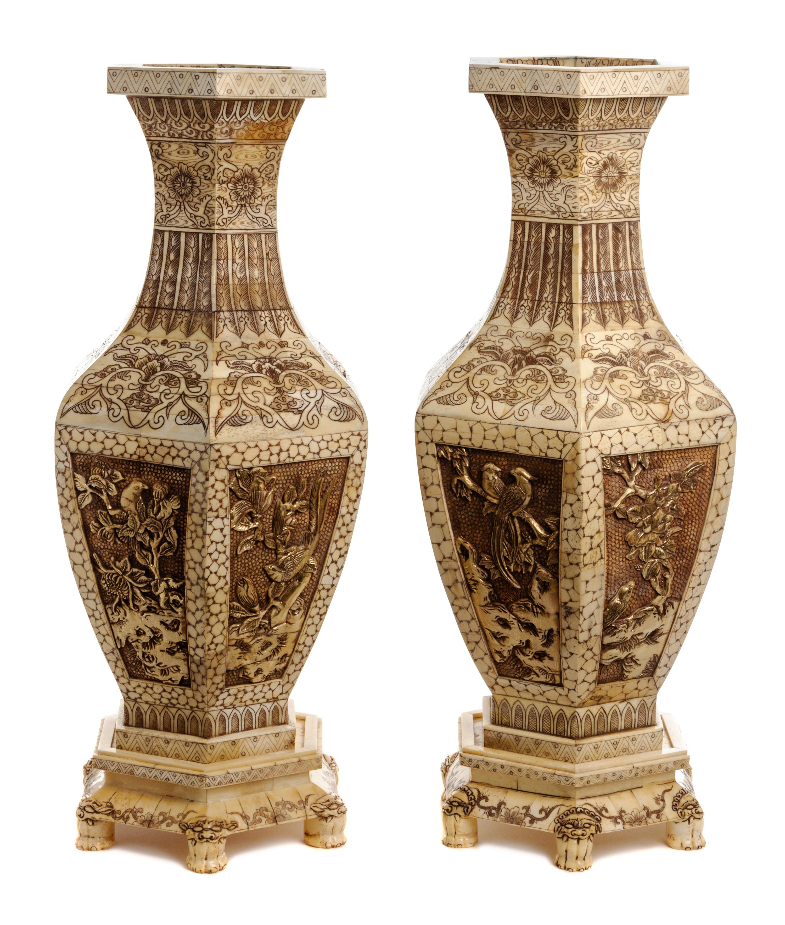 A Pair of Chinese Bone Veneered Vases on Stands Height 25 1/8 inches. — 20TH CENTURY