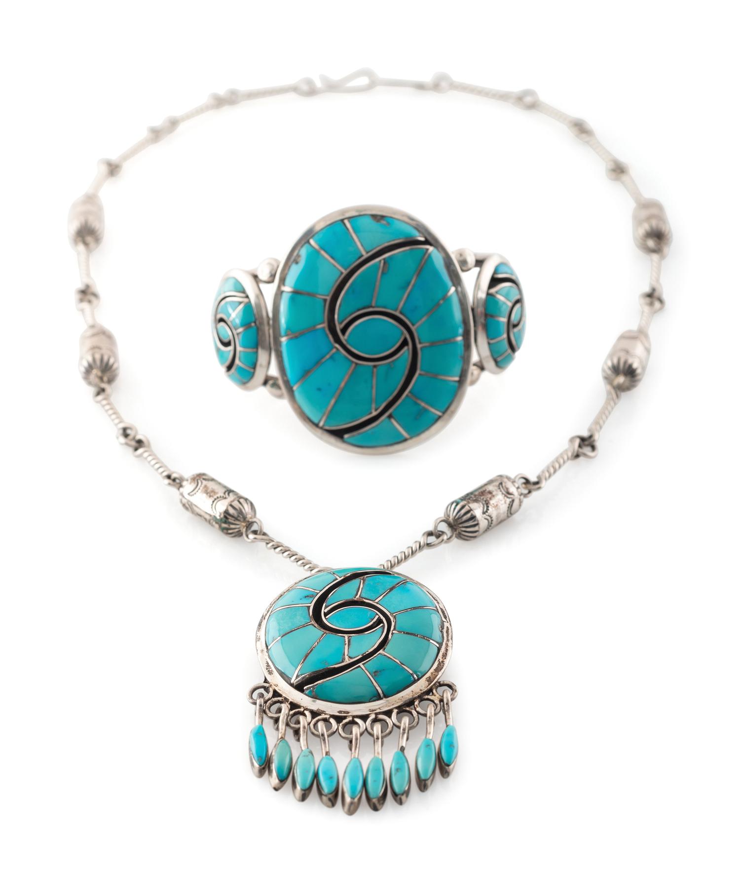 Silver and Turquoise Channel Inlay Necklace AND Cuff Bracelet