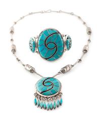 Silver and Turquoise Channel Inlay Necklace AND Cuff Bracelet