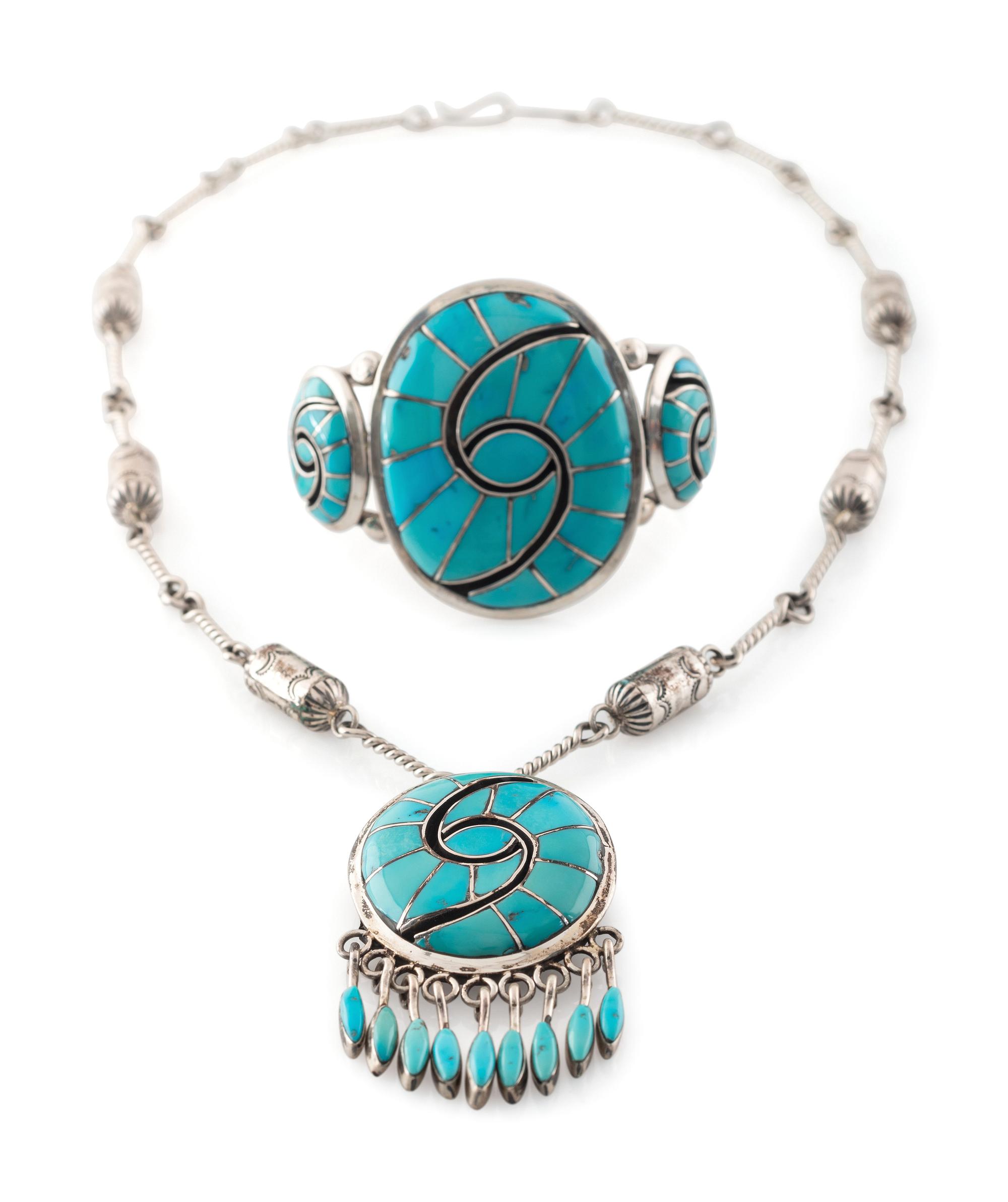 Silver and Turquoise Channel Inlay Necklace AND Cuff Bracelet