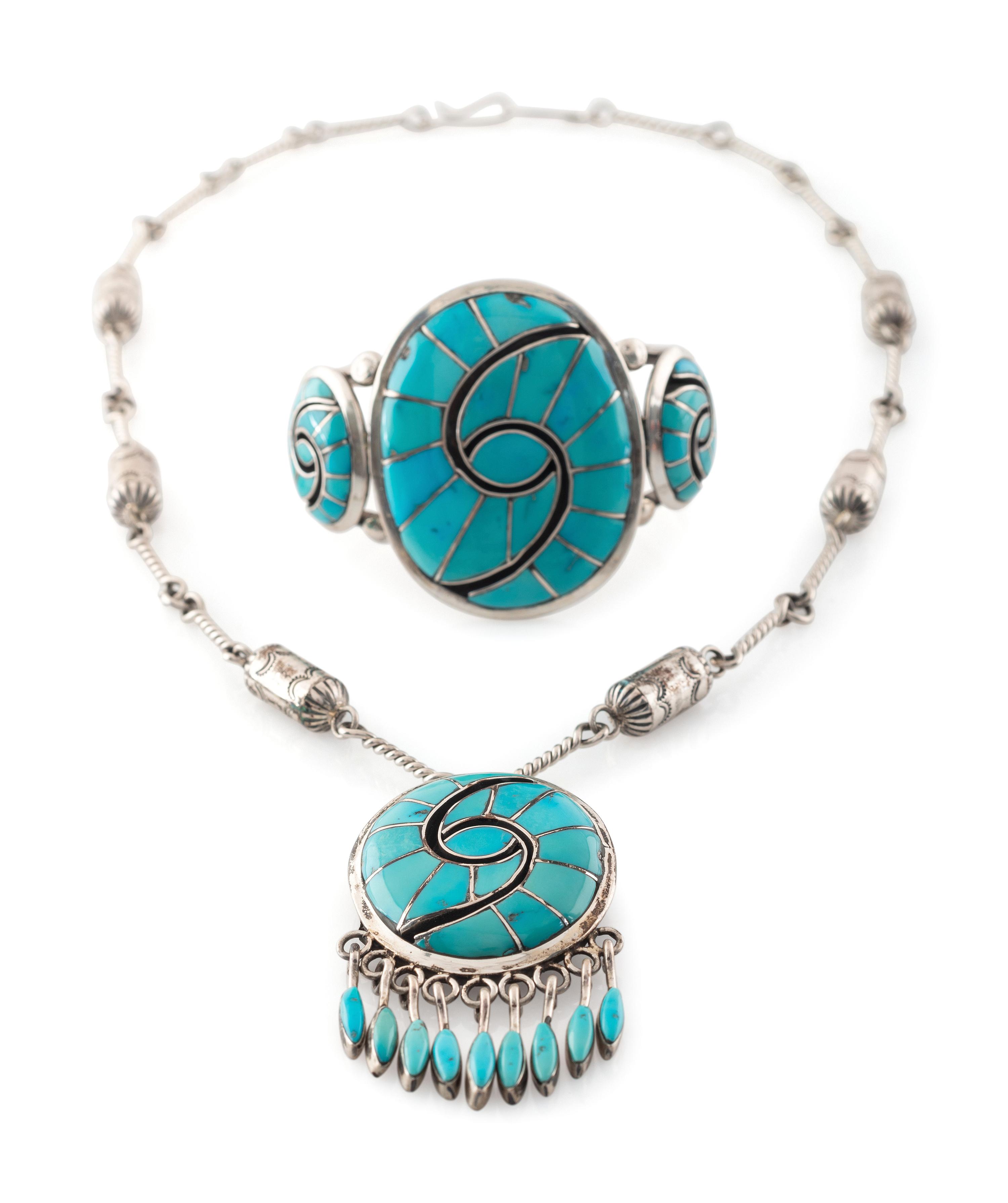 Silver and Turquoise Channel Inlay Necklace AND Cuff Bracelet