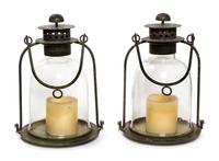 A Pair of Metal and Glass Lanterns Height 15 3/4 inches.